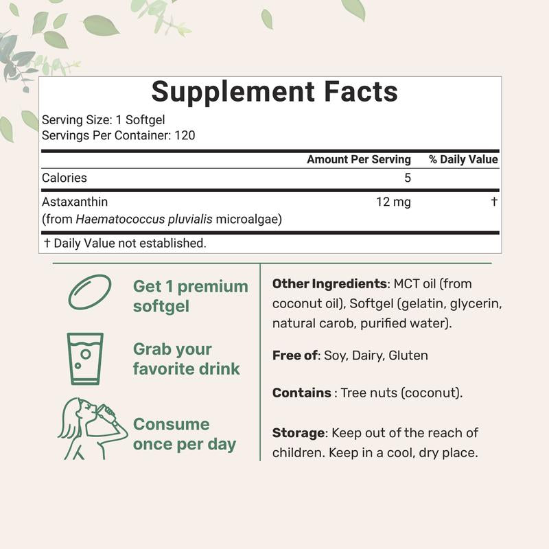 Micro Ingredients Astaxanthin 12Mg, 120 Softgels | 4 Monthly Supply, Natural Tanning, Fresh Microalgae Source, Easy to Swallow