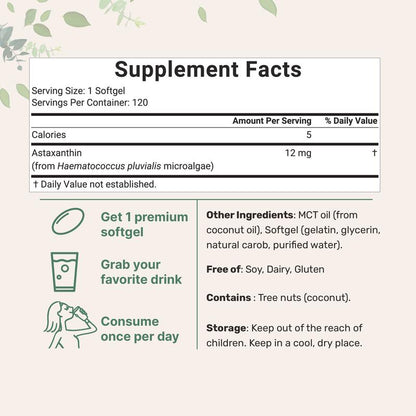 Micro Ingredients Astaxanthin 12Mg, 120 Softgels | 4 Monthly Supply, Natural Tanning, Fresh Microalgae Source, Easy to Swallow